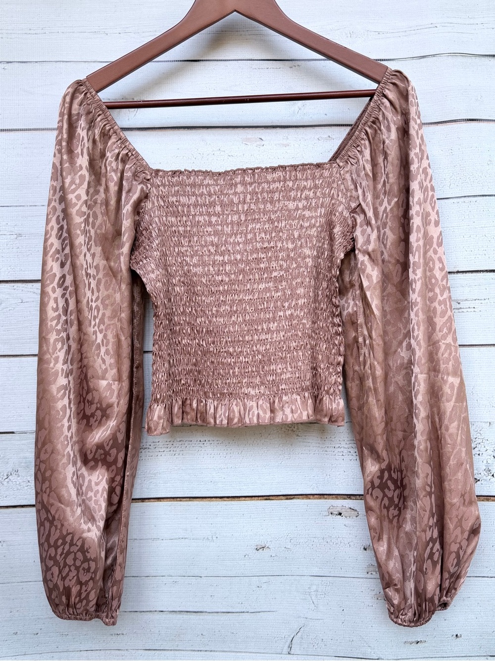 Peach Love California Satin Smocked Animal Print Blouse Size Medium